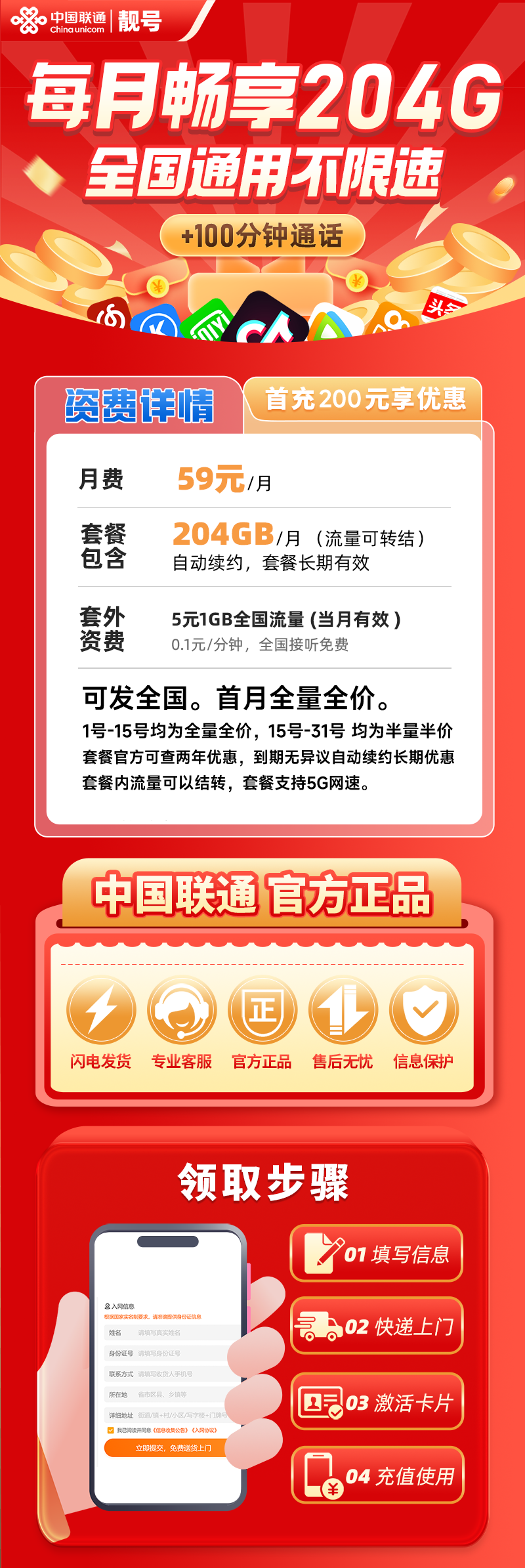 ​联通靓号卡59元204G+100分钟(全国可发，精品靓号,自助激活,长期套餐,流量可结转)第1张-小尤推荐,大流量手机卡,卡博世订单管理系统,172号卡分销,号卡分销平台